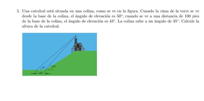 Una catedral está situada en una colina, como se ve en la figura. Cuando la cima de la torre se ve desde la base de la colina