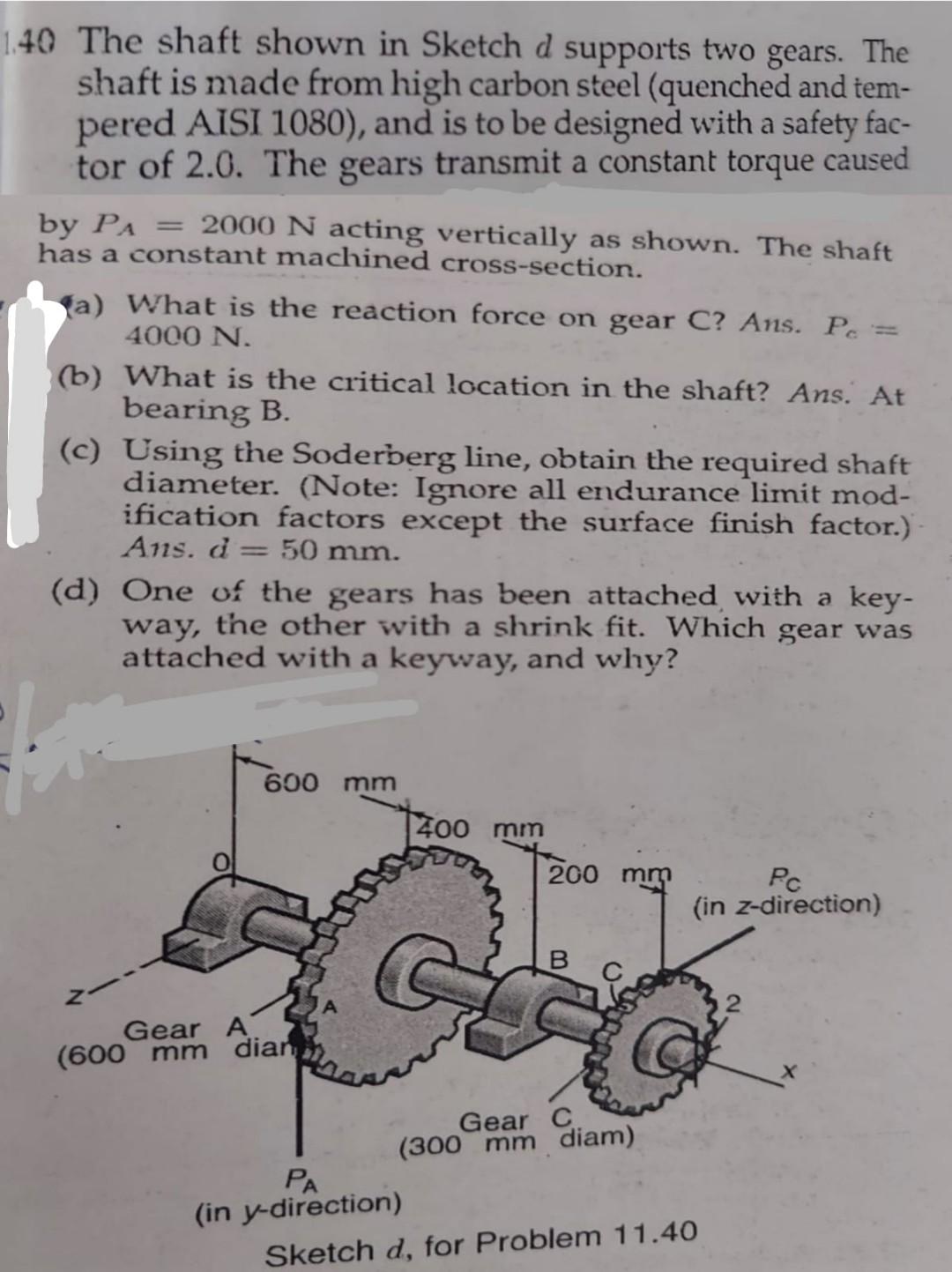 Solved 40 The Shaft Shown In Sketch D Supports Two Gears. | Chegg.com