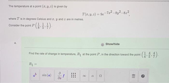 Solved The temperature at a point (x,y,z) is given by | Chegg.com