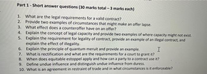 Solved Part 1 - Short answer questions ( 30 marks total - 3 | Chegg.com