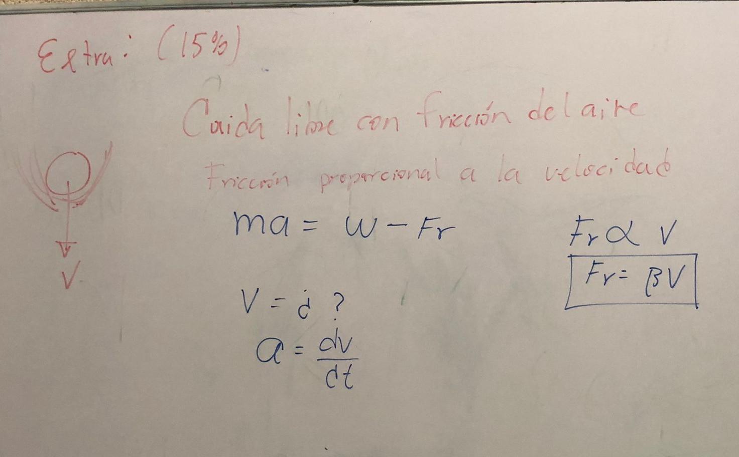 Curida lime con frieción del aite Fricarin propercional a la velucidad \[ \begin{array}{ll} m a=w-F_{r} & F_{r} \alpha v \\ v