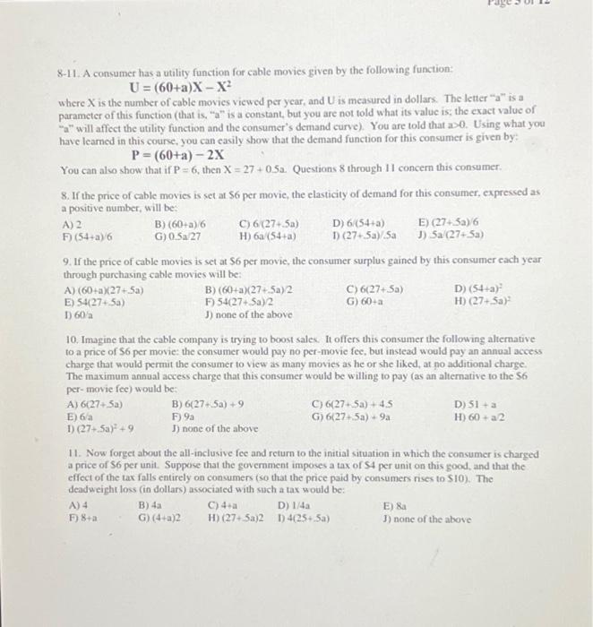 Solved 8-11. A Consumer Has A Utility Function For Cable | Chegg.com