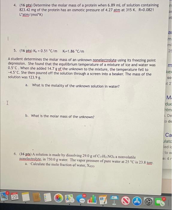 Solved 4. (16 pts) Determine the molar mass of a protein | Chegg.com