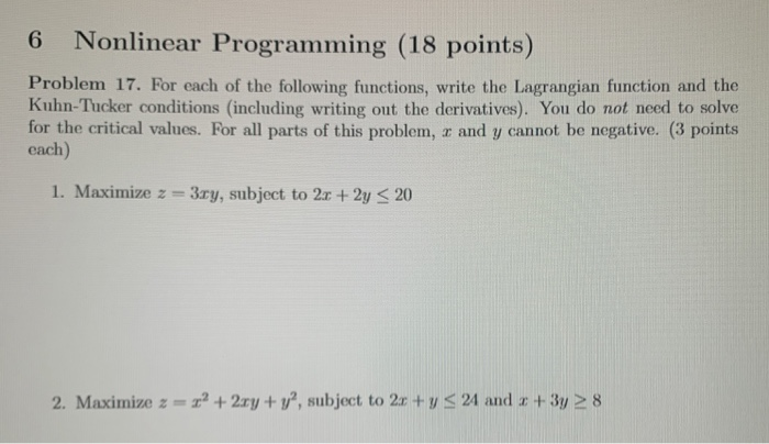 Solved 6 Nonlinear Programming (18 points) Problem 17. For | Chegg.com