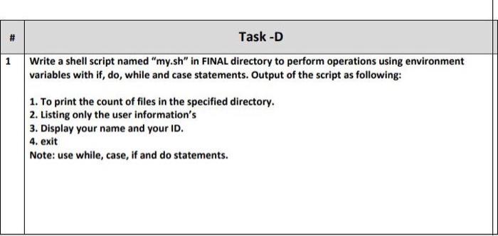 Solved # 1 Task-D Write a shell script named "my.sh" in | Chegg.com