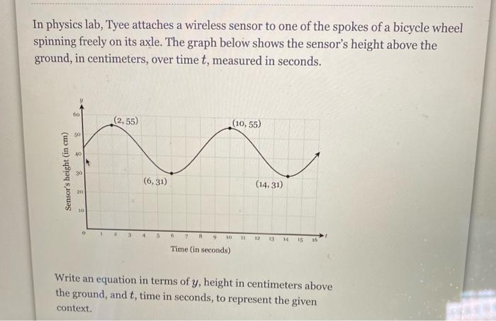 In physics lab, Tyee attaches a wireless sensor to one of the spokes of a bicycle wheel spinning freely on its axle. The grap