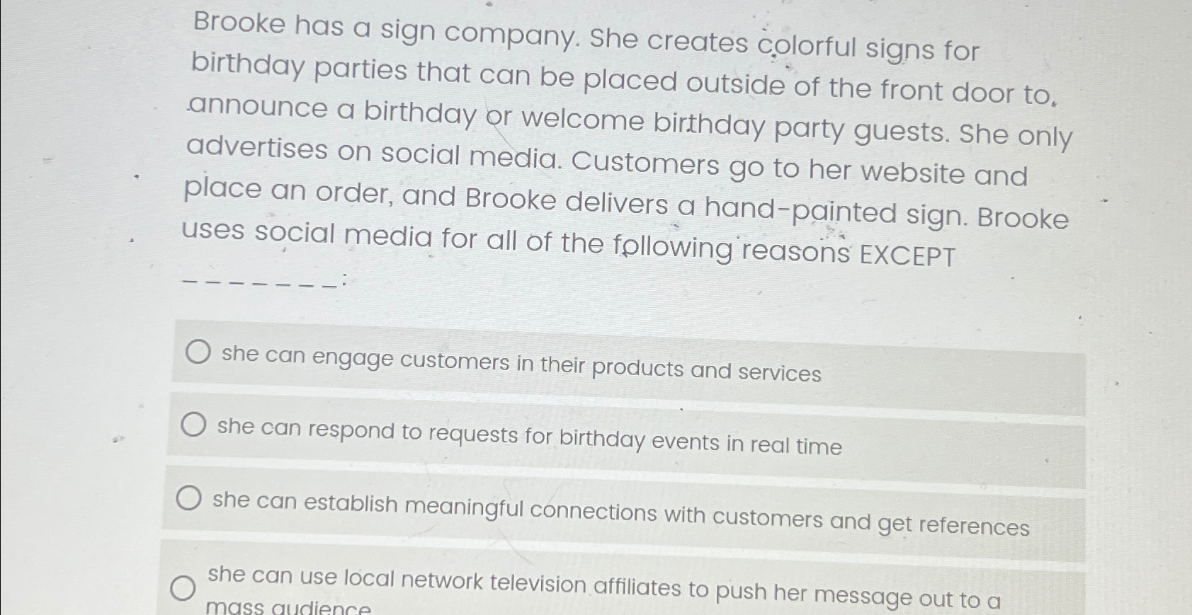 Solved Brooke has a sign company. She creates colorful signs | Chegg.com