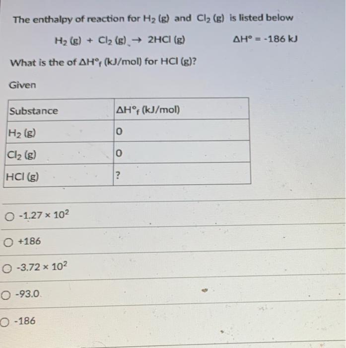 The enthalpy of reaction for \( \mathrm{H}_{2}(\mathrm{~g}) \) and \( \mathrm{Cl}_{2}(\mathrm{~g}) \) is listed below
\[
\mat