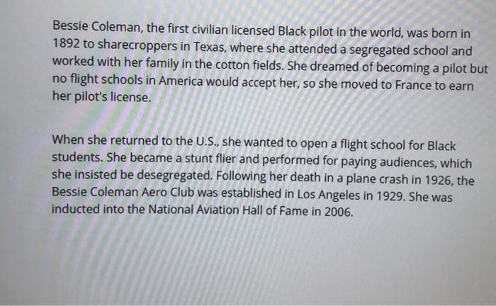 Bessie Coleman, the first civilian licensed Black | Chegg.com