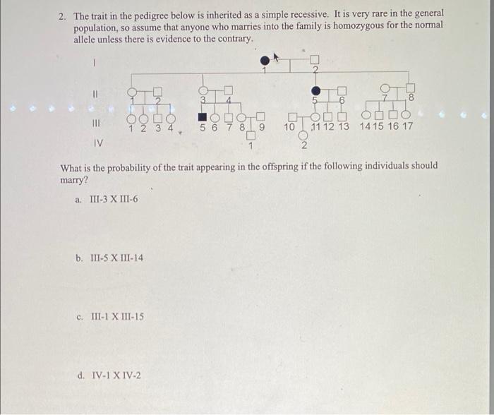 Solved 2. The trait in the pedigree below is inherited as a | Chegg.com