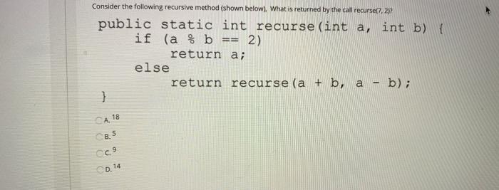Solved 2) Consider the following recursive method (shown | Chegg.com