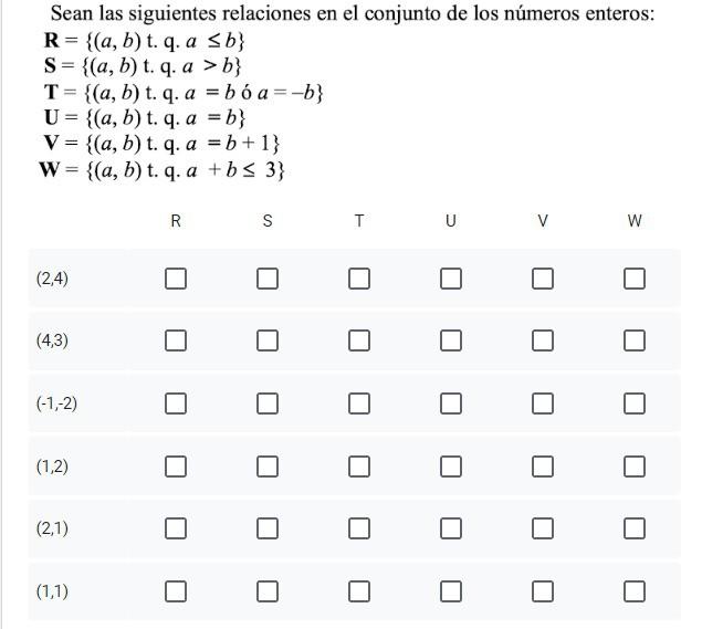 Sean las siguientes relaciones en el conjunto de los números enteros: \[ \begin{array}{l} \mathbf{R}=\{(a, b) \text { t. q. }