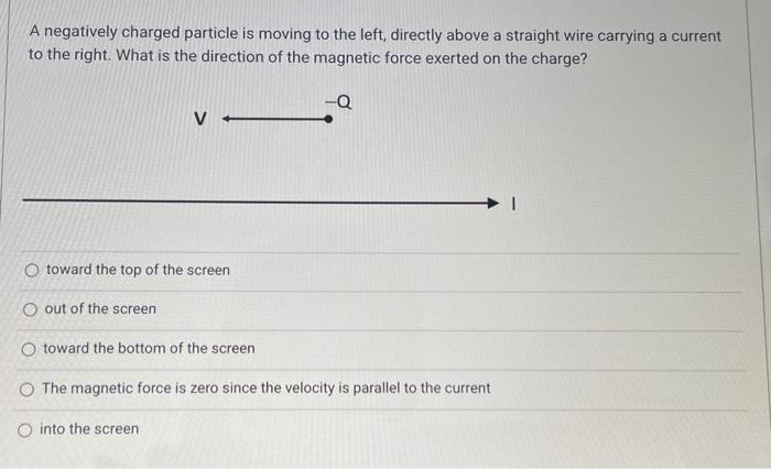 A negatively charged particle is moving to the left, directly above a straight wire carrying a current to the right. What is