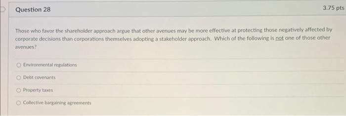 Solved Question 28 3.75 pts Those who favor the shareholder | Chegg.com