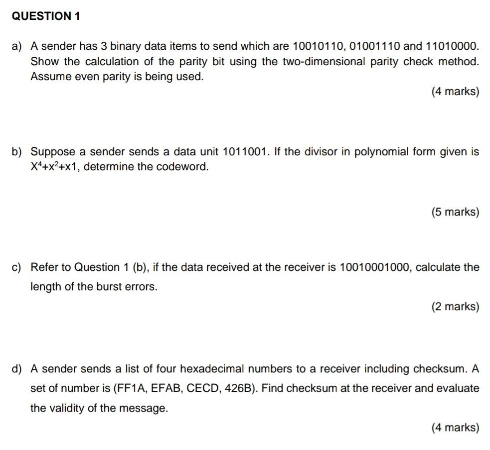 Solved QUESTION 1 a) A sender has 3 binary data items to | Chegg.com