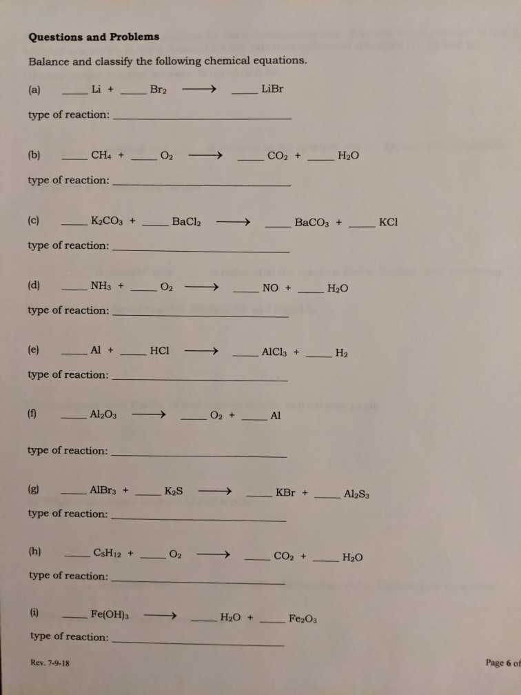 Solved Questions and Problems Balance and classify the | Chegg.com