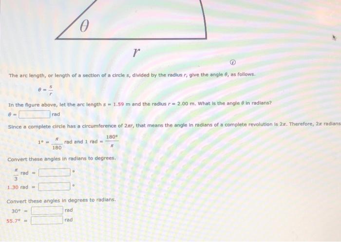 Solved The arc length, or length of a section of a circle s, | Chegg.com