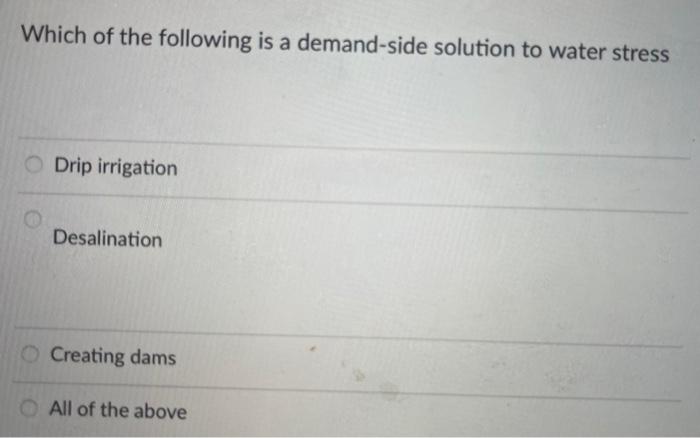 Which of the following is a demand-side solution to water stress
Drip irrigation
Desalination
Creating dams
All of the above