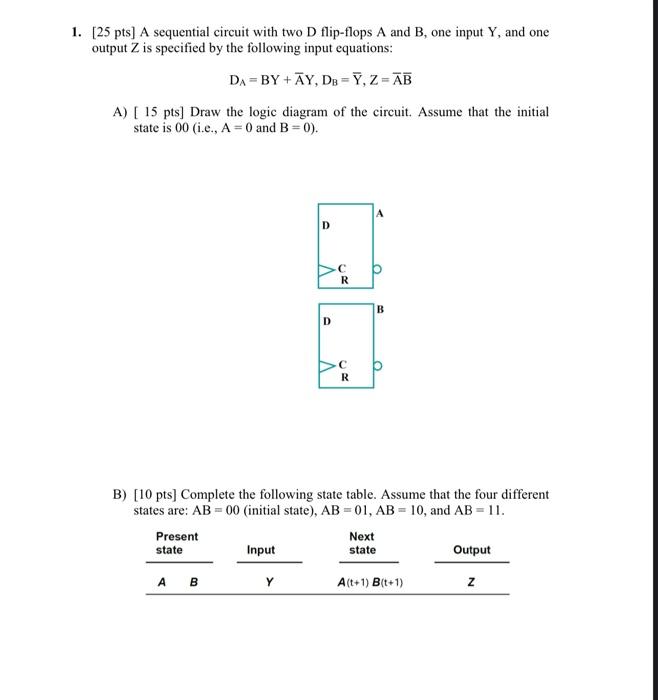 Solved 1. [25 pts] A sequential circuit with two D | Chegg.com