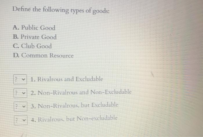 Solved Define The Following Types Of Goods A Public Good Chegg Com