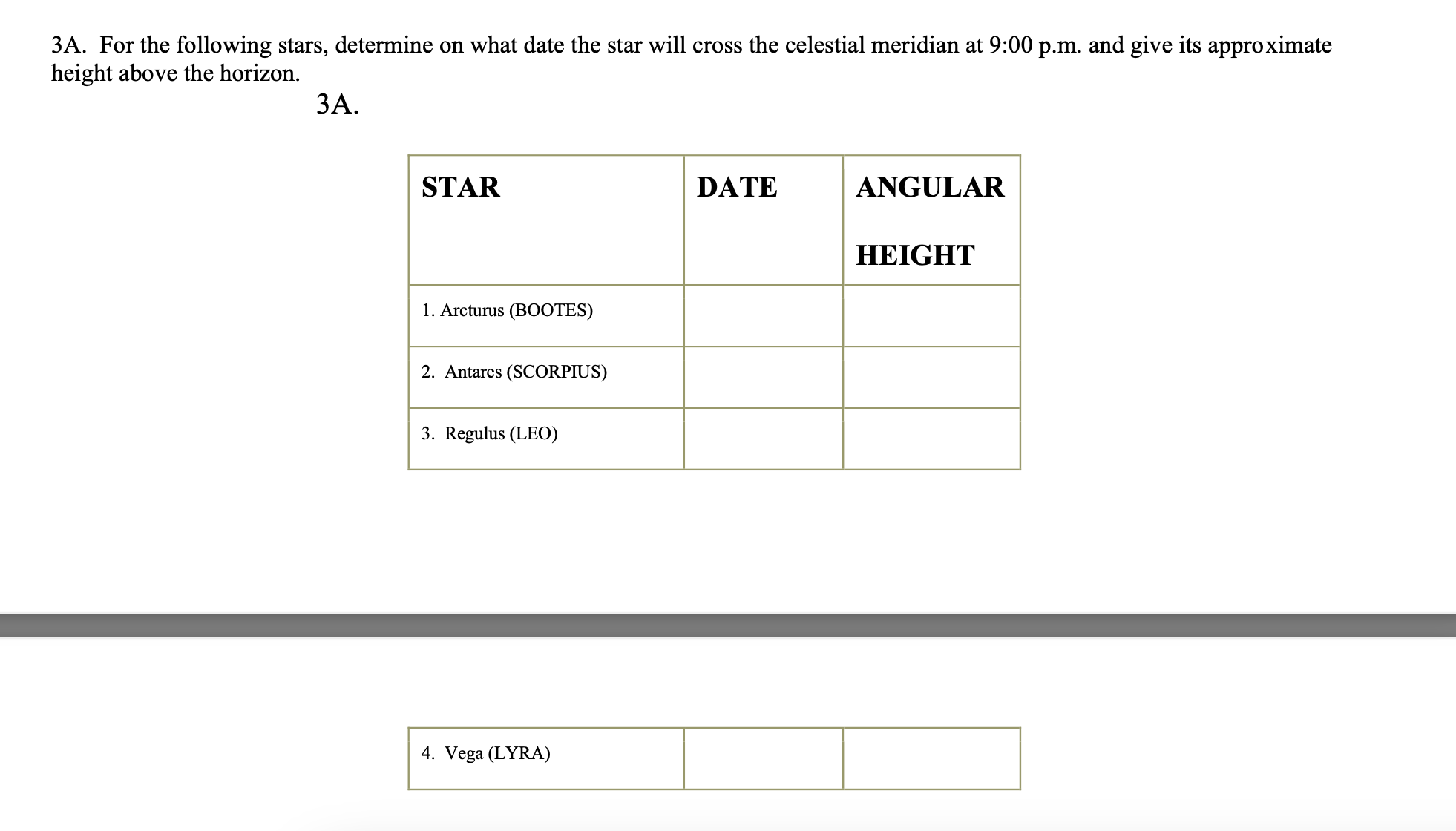 Solved 3A. ﻿For the following stars, determine on what date | Chegg.com