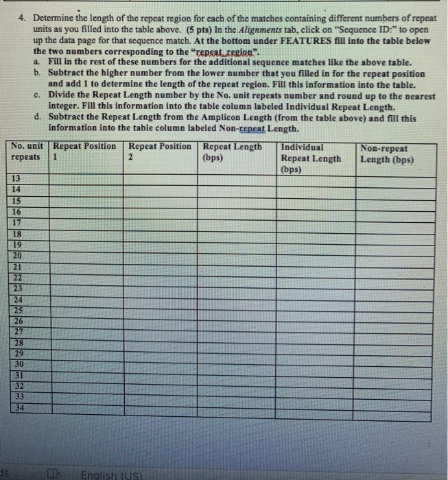 Label Repeat Length 4. Determine the length of the repeat region for each | Chegg.com