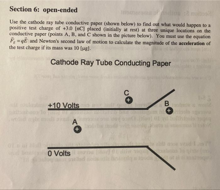Use the cathode ray tube conductive paper (shown below) to find out what would happen to a positive test charge of \( +3.0[\m