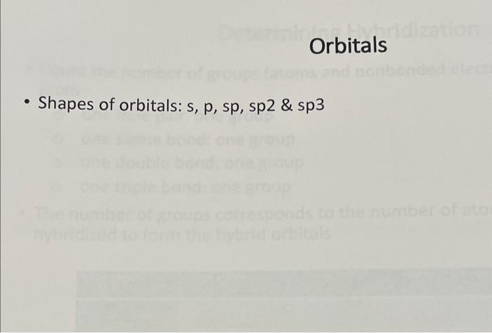 - Shapes of orbitals: \( s, p, s p, s p 2 \) \& sp3