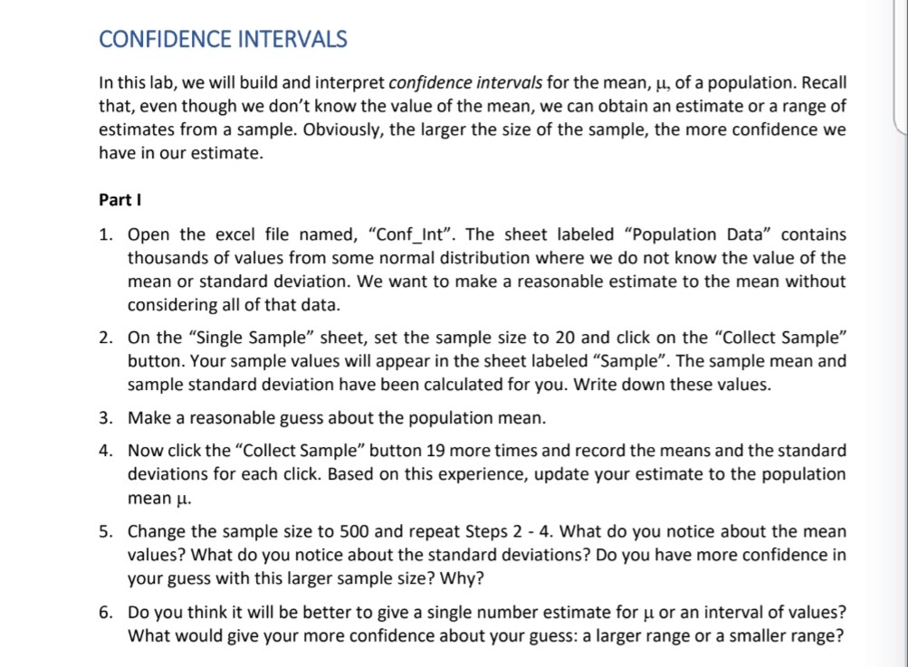 Solved CONFIDENCE INTERVALS In this lab, we will build and | Chegg.com