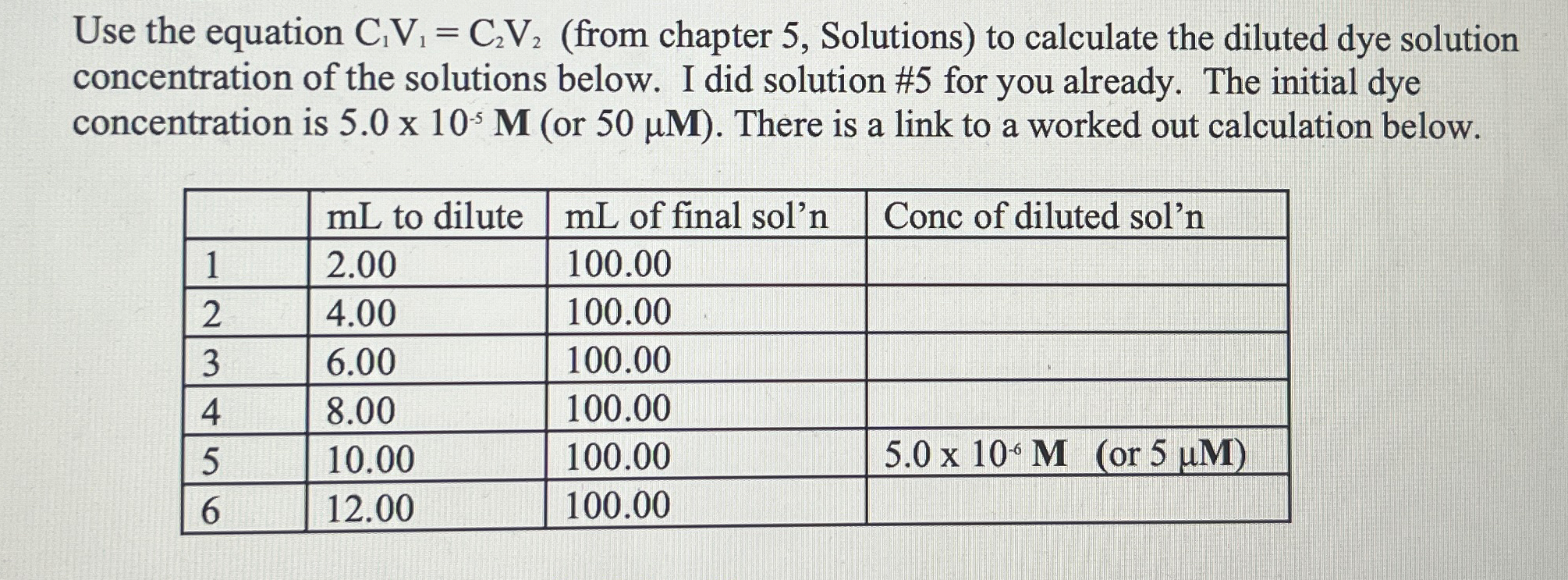 Solved Use the equation C1V1=C2V2 (from chapter 5 , | Chegg.com