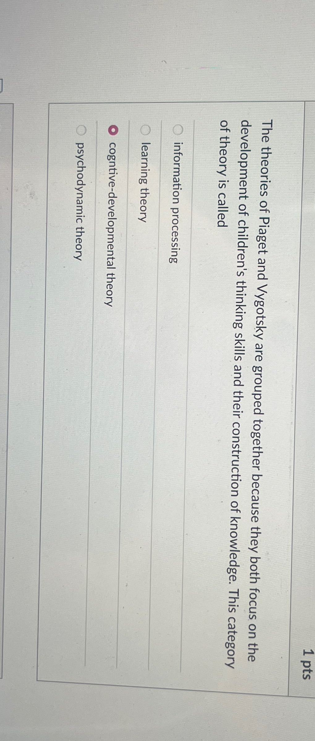 Solved 1 ptsThe theories of Piaget and Vygotsky are grouped