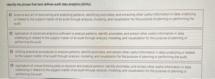 Solved Identify the phrase that best defines audit data | Chegg.com