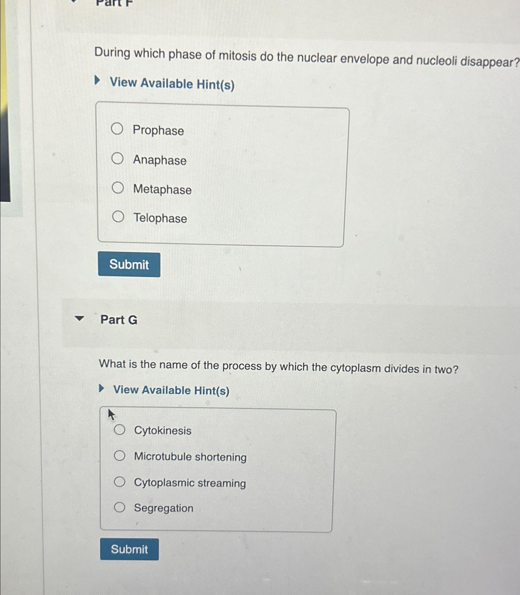 Solved During which phase of mitosis do the nuclear envelope | Chegg.com