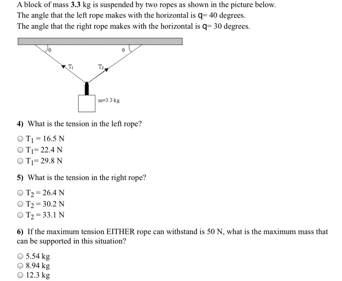 Solved A block of mass 3.3 kg is suspended by two ropes as Chegg