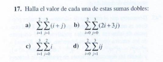 17. Halla el valor de cada una de estas sumas dobles: a) \( \sum_{i=1}^{2} \sum_{j=1}^{3}(i+j) \) b) \( \sum_{i=0}^{2} \sum_{