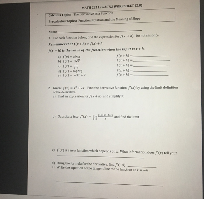 Math 2211 Practis Worksheet 2 8 Calculus Topic The Chegg Com