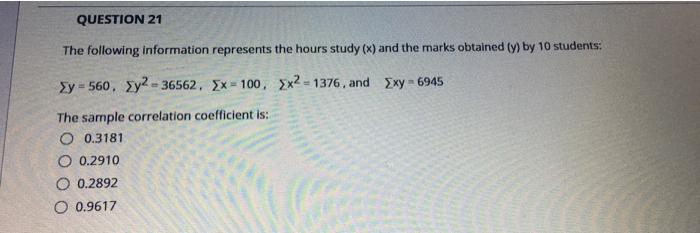 Solved QUESTION 21 The following information represents the | Chegg.com