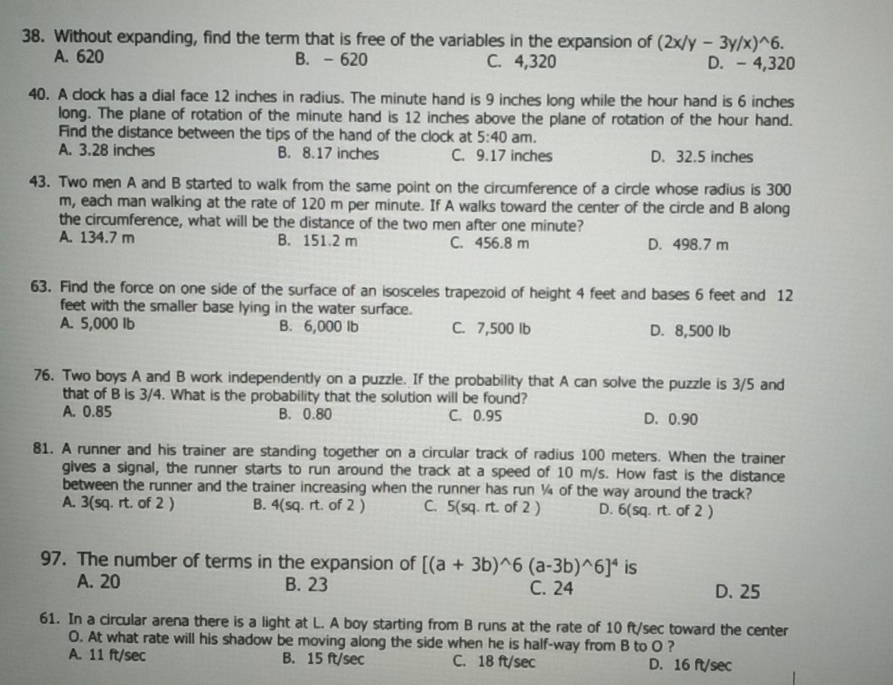 Solved 38. Without expanding, find the term that is free of | Chegg.com
