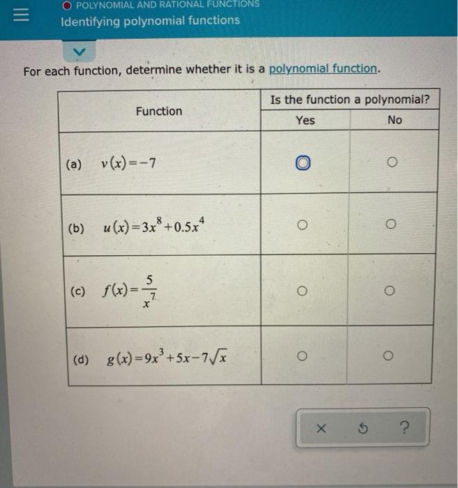 Solved = O POLYNOMIAL AND RATIONAL FUNCTIONS Identifying | Chegg.com