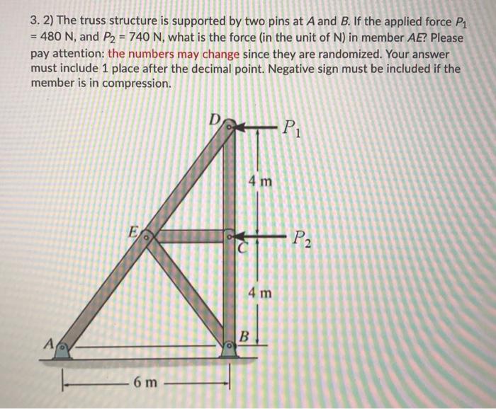 Solved - 3. 2) The truss structure is supported by two pins | Chegg.com