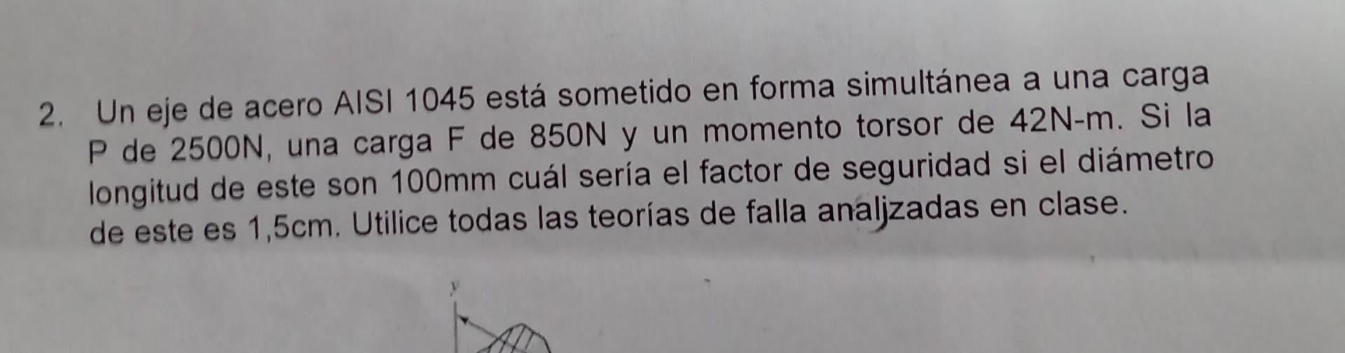 2. Un eje de acero AISI 1045 está sometido en forma simultánea a una carga \( P \) de \( 2500 N \), una carga \( F \) de \( 8