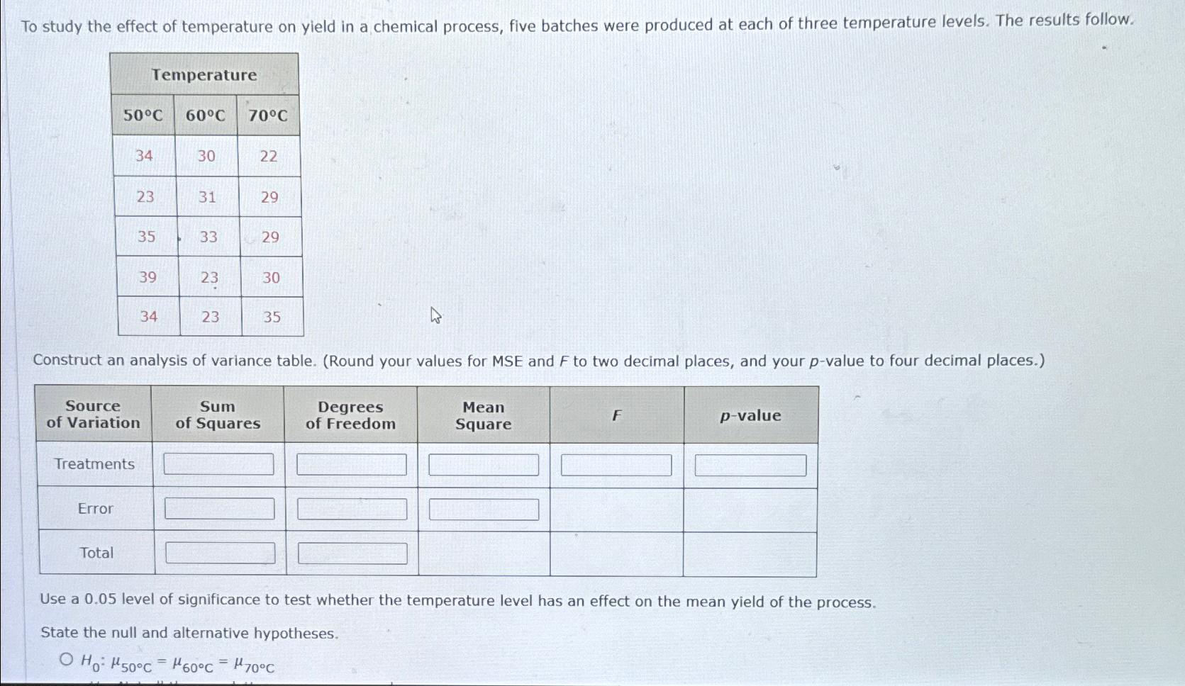 Solved To study the effect of temperature on yield in a | Chegg.com