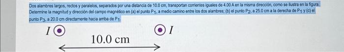 Dos alambres largos, rectos y paraielos, separados por una diatandia de \( 10.0 \mathrm{~cm} \), transportan comientos iguale