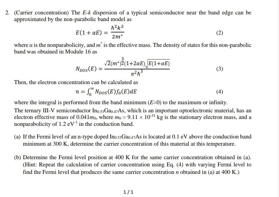 Solved 3 2. (Carrier concentration) The E-k dispersion of a | Chegg.com