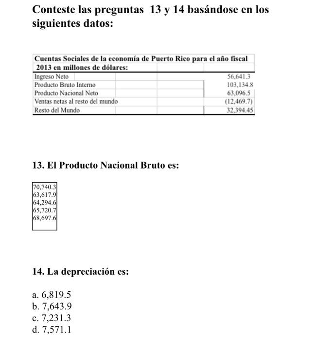 Conteste las preguntas 13 y 14 basándose en los siguientes datos: 13. El Producto Nacional Bruto es: 14. La depreciación es: