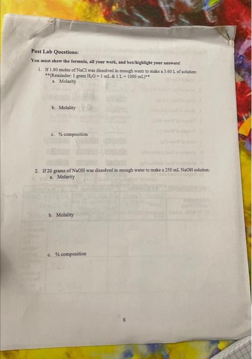 Solved Post Lab Qucstions: You must show the formula, all | Chegg.com