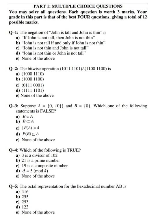 Solved PART 1: MULTIPLE CHOICE QUESTIONS You may solve all | Chegg.com