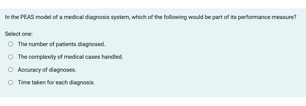 Solved In the PEAS model of a medical diagnosis system, | Chegg.com