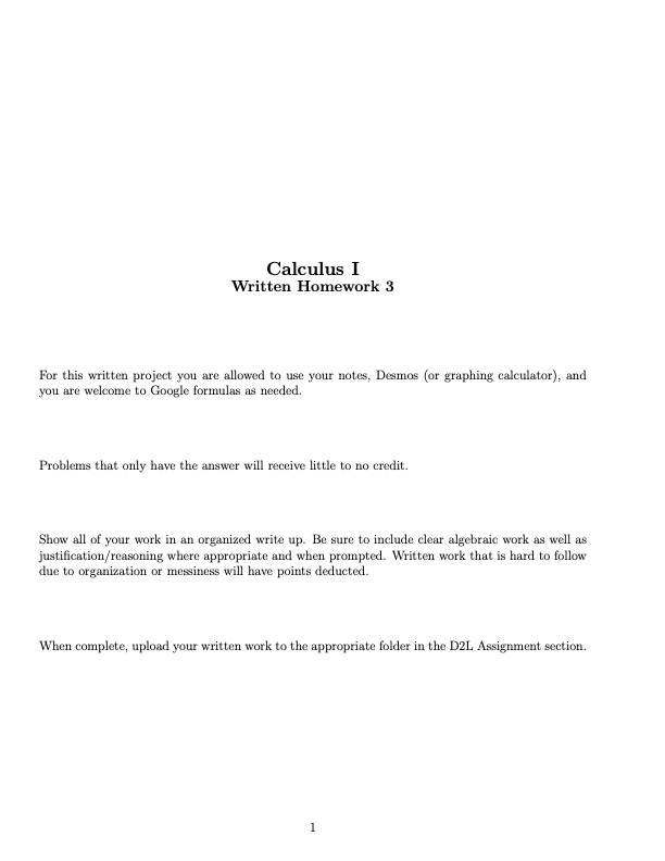 Solved Calculus IWritten Homework 3For this written project | Chegg.com