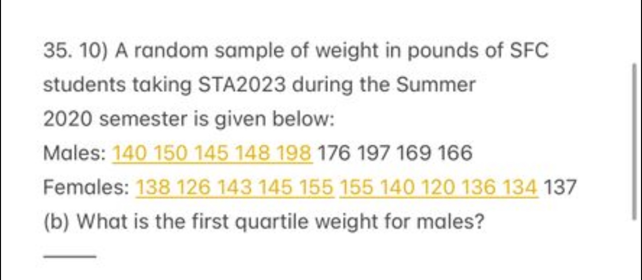 Solved A random sample of weight in pounds of SFC students | Chegg.com